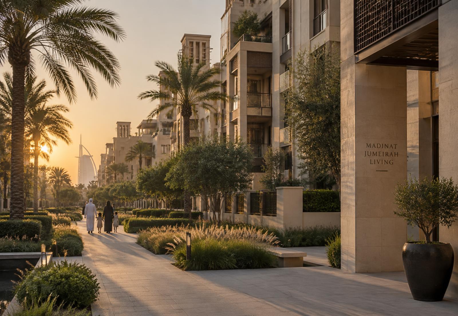A landscaped residential community in Dubai at golden hour
